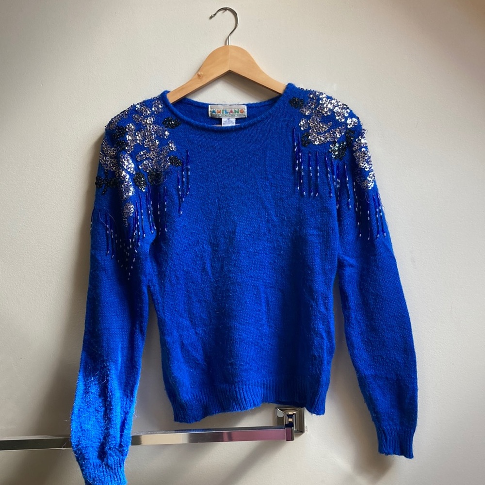 Sweet, Soft, Blue Vintage Sweater, With Sequins And Beads! 😆👀🤩